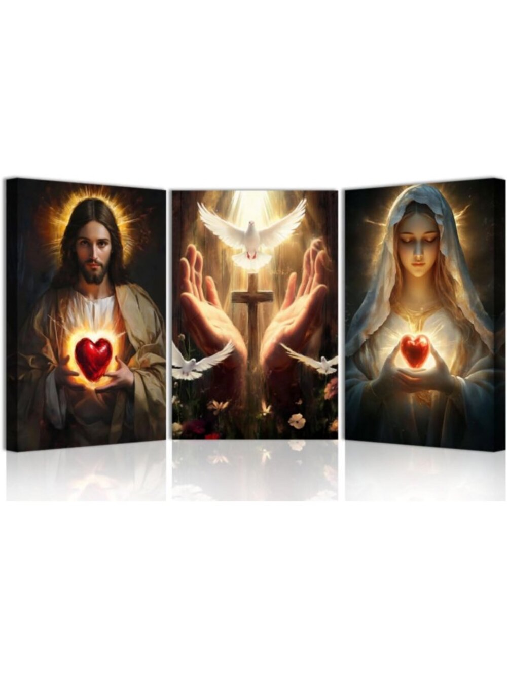 Sacred Heart Jesus & Mary Wall Art Set - 3 Canvas Prints for Christian Decor